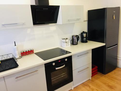 a kitchen with a stove and a black refrigerator at Apartament Rodzinny z ogrodem in Cieszyn