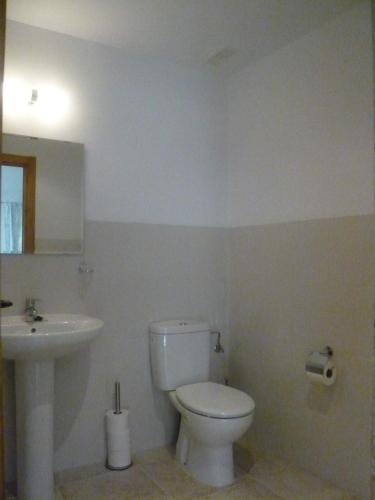 a bathroom with a white toilet and a sink at Casa Montana in Bocairent