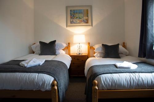 two twin beds in a room with a lamp at Wensum Cottage in Norwich