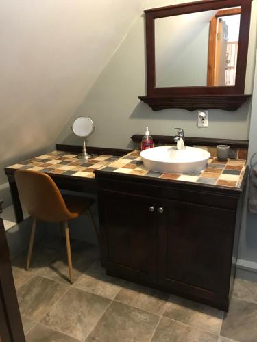 a bathroom with a sink and a mirror at Aux Pignons Rouges Camping & Chalets in Saint Romain