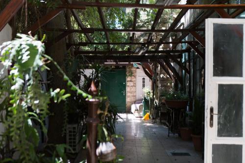 a greenhouse with a door and plants in it at Tzefania Hotel in Jerusalem