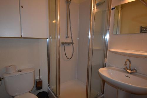 een badkamer met een douche, een toilet en een wastafel bij VAUJANYLOCATIONS - Cochette 1 Apt 5 in Vaujany