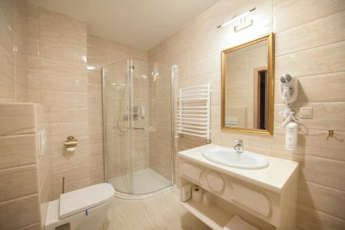 a bathroom with a sink and a shower and a toilet at Hotel Kiston in Sulęczyno