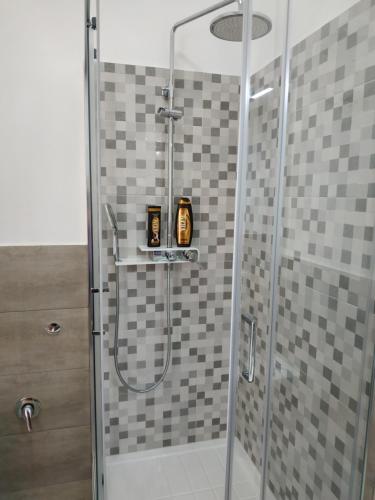 een badkamer met een douche en een glazen deur bij un passo dal mare in Fiumicino