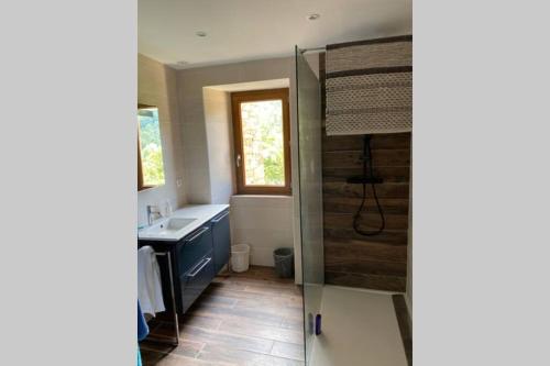 une salle de bain avec un lavabo et une douche dans l'établissement Charmante maison de village, à Arbori