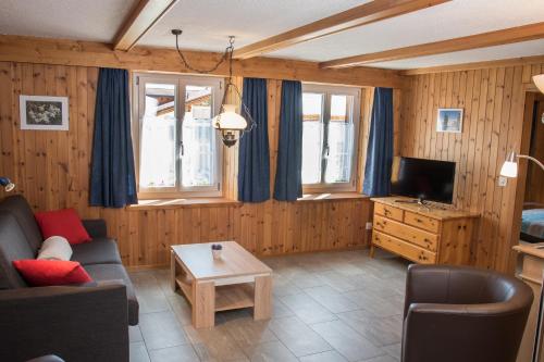 un soggiorno con divano e TV di Casa Curgnun 21 Collenberg - Ferienwohnung 61m2 für max. 4 Pers. a Morissen