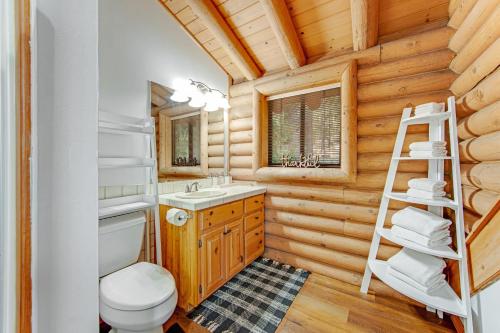 a bathroom with a toilet and a sink and a ladder at Pine Cone Haven in Idyllwild