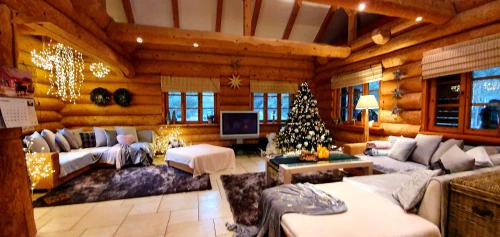 a living room with a christmas tree in a cabin at Sunset House in Ulmale