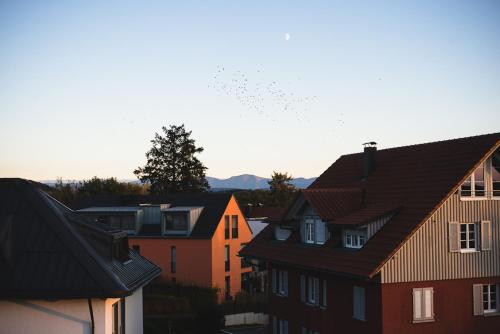a group of houses in a city with mountains in the background at Engelberg 24h check in in Wangen im Allgäu