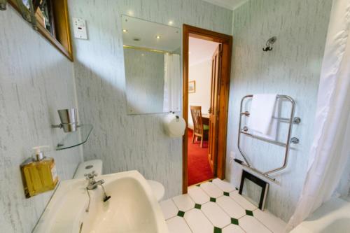 a bathroom with a sink and a toilet and a mirror at The Buzzard Lodge 2 bedroom sleeps up to 4 in Crianlarich