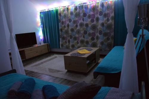 a room with two beds and a tv and a curtain at Apartament Górnicza w Kowarach in Kowary