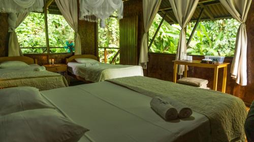 a bedroom with two beds and two windows at Amazon Planet in Tambopata