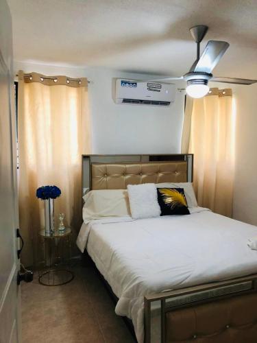 ein Schlafzimmer mit einem großen Bett mit einer weißen Tagesdecke in der Unterkunft económico Master in Santiago de los Caballeros