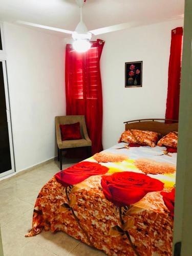 1 Schlafzimmer mit 2 Betten, roten Vorhängen und einem Stuhl in der Unterkunft económico Master in Santiago de los Caballeros