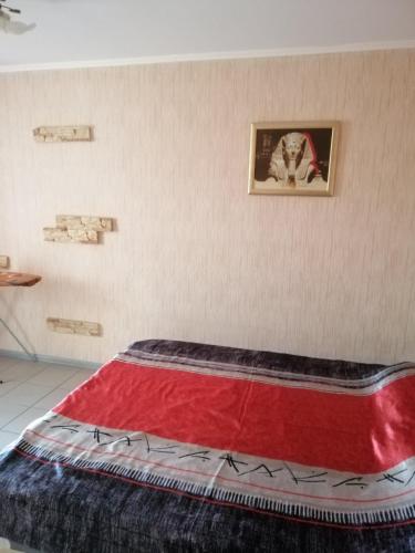een bed in een kamer met een rode deken bij Квартира поблизу озера, паркова зона in Ternopilʼ