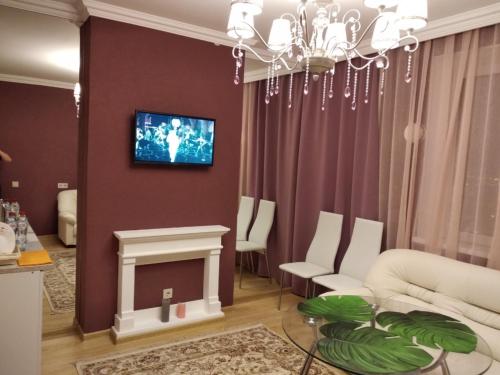 クラスノゴルスクにあるАпартаменты-Студии КРОКУСのリビングルーム(暖炉、壁掛けテレビ付)