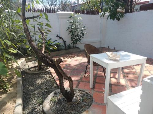 a small tree sitting next to a white table at Manoha Villa in Sihanoukville