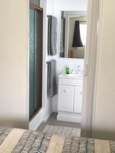 a bathroom with a bed and a sink and a mirror at Walsh Farm Shepherd’s Rest in Milton