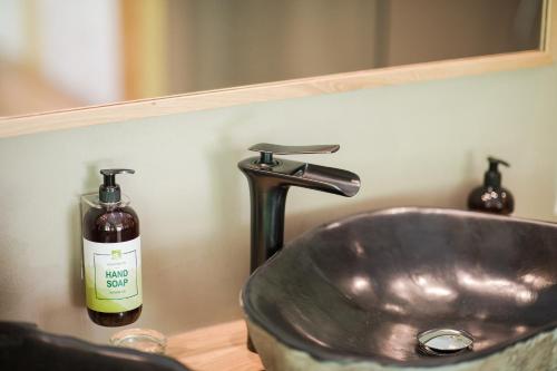 a bathroom sink with a bottle of soap next to it at Naturhotel Rainer in Racines