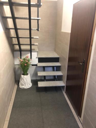a staircase in a hallway with a vase with a plant at Villa Zoki - soba dnevni najam in Zagreb