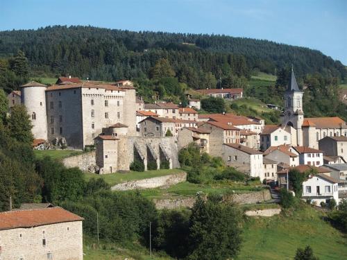 een stad op een heuvel met huizen en een kerk bij Château des Marcilly Talaru in Chalmazel