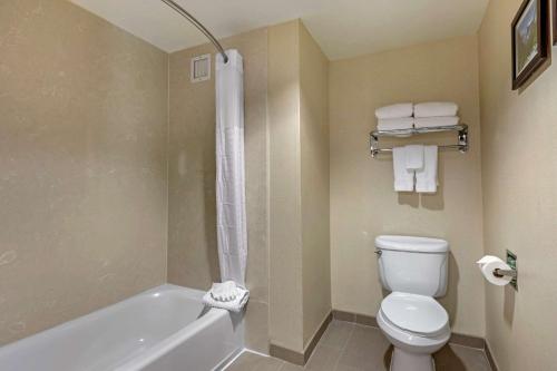 a white toilet sitting next to a bath tub at Comfort Suites Visalia Convention Center in Visalia
