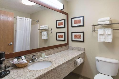Un baño con lavabo, inodoro y espejo. en Comfort Inn Barboursville near Huntington Mall area, en Barboursville