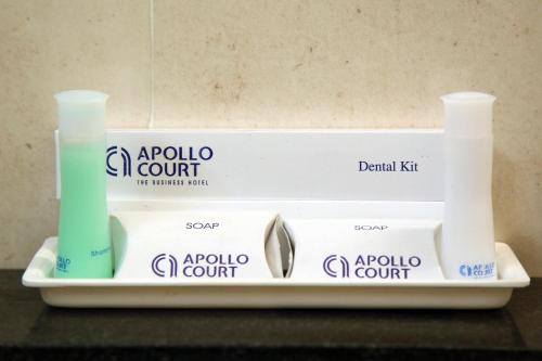 a package of products sitting on a shelf at Apollo Court (Apollo hospital,Sankara natralya, US consulate in Chennai