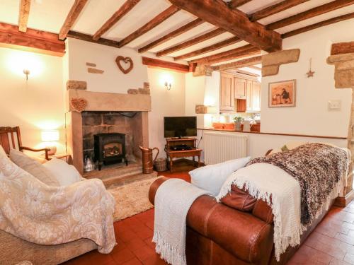 a living room with a couch and a fireplace at Hallbrook Cottage in Matlock