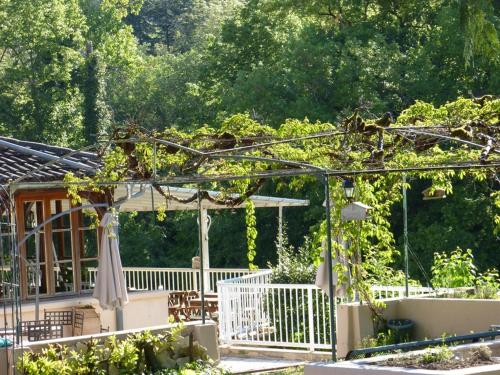 een tuin met witte parasols en wijnstokken bij Hôtel Restaurant des Grottes du Pech Merle in Cabrerets