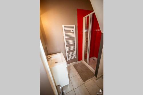 uma casa de banho com um WC, um lavatório e um espelho. em DUPLEX CENTRE VILLE 6 personnes (WIFI/PARKING) em Troyes