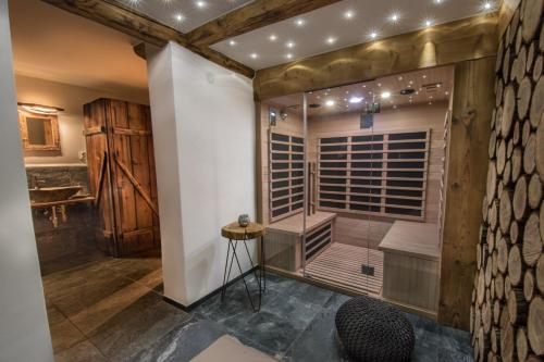a bathroom with a shower with a bench in it at Roubenka Jelen.ka in Rokytnice nad Jizerou