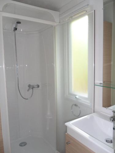une salle de bain blanche avec une douche et un lavabo dans l'établissement La Caillebotière, à La Barre-de-Monts