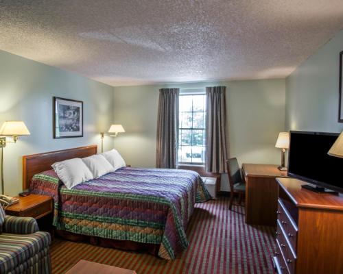 a hotel room with a bed and a television at Rodeway Inn in Lakeville