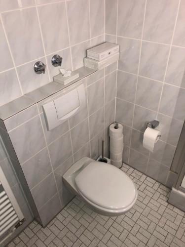 a bathroom with a toilet in a tiled room at Hotel Bad Driburg in Bad Driburg