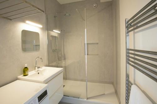 une salle de bain avec douche et lavabo dans l'établissement Place Saint Michel Apartment, à Bordeaux