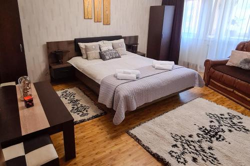 圖爾達的住宿－Central Park Apartment，一间卧室配有一张床、一张桌子和一张沙发