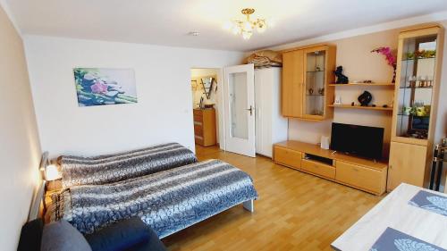 een woonkamer met een bank en een televisie bij Gemütliche Wohnung in Langenargen in Langenargen