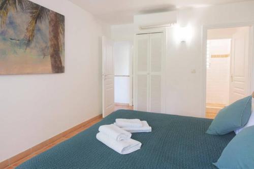 a room with two towels on a green rug at Villa Aquamarine, 2 bedroom beach house and private pool, Orient beach! in Orient Bay