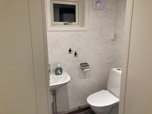 a bathroom with a toilet and a sink at Smeakallesbod in Tvååker