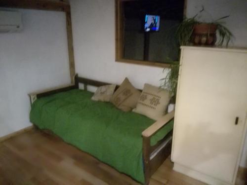 Un dormitorio con una cama verde en una habitación. en La Torre, en San Carlos de Bariloche