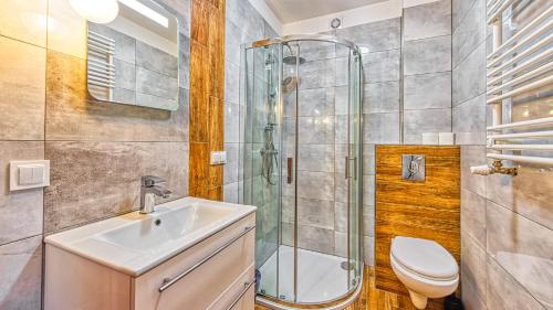 希维拉杜夫-兹德鲁伊Apartament Spokojny Holiday Mountain Residence - 5D Apartamenty的带淋浴、水槽和马桶的浴室