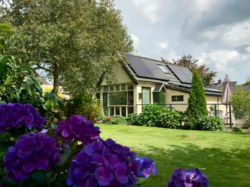 a house with a solar roof with purple flowers at Holiday Home Noordwolde Countryside in Noordwolde