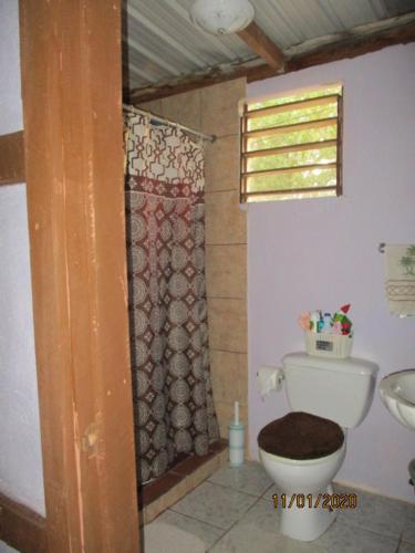 a bathroom with a toilet and a window and a sink at Cerros Beach Inn in Corozal