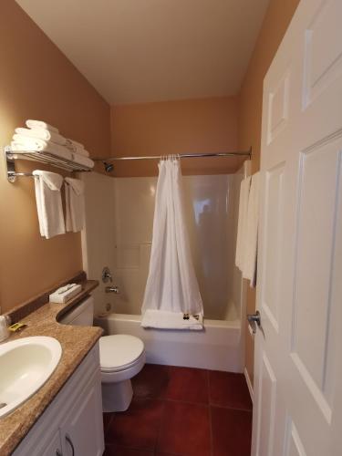 a bathroom with a toilet and a sink and a tub at Sandy Beach Suites in Osoyoos