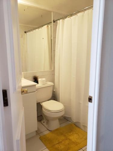 a white bathroom with a toilet and a sink at Departamento Reñaca in Viña del Mar