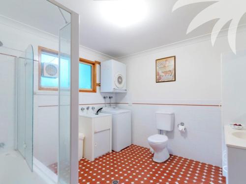 La salle de bains est pourvue de toilettes, d'un lavabo et d'une douche. dans l'établissement Araluen, à Smiths Lake