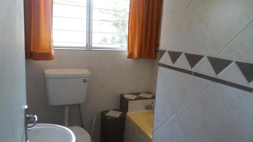a bathroom with a toilet and a sink and a window at Stokkiesdraai Holiday Apartments in St Lucia
