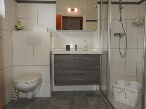 ein Bad mit einem WC und einer Dusche in der Unterkunft Warmbad Apartments in Villach