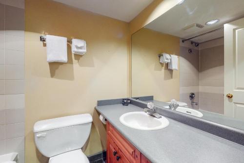 bagno con servizi igienici, lavandino e specchio di Lake Placid Lodge a Whistler